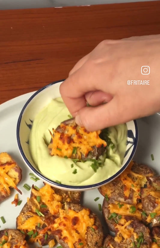 Crispy Smashed Potatoes with Avocado Sour Cream Dip
